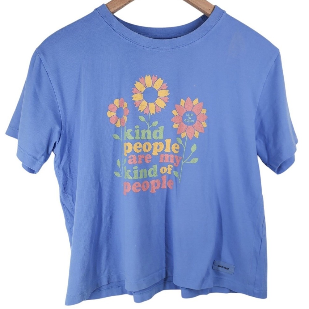Life Is Good Crusher T-Shirt‎ Womens Small Blue Kind People Sunflower Graphic